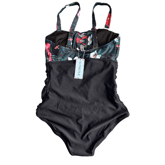 Yonique Woman’s size Medium one piece black and floral bathing suit - Picture 2 of 6